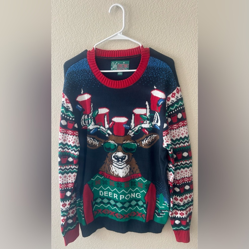 Ugly Christmas Sweater Men's Deer Pong Sweater - Red, Green, Blue